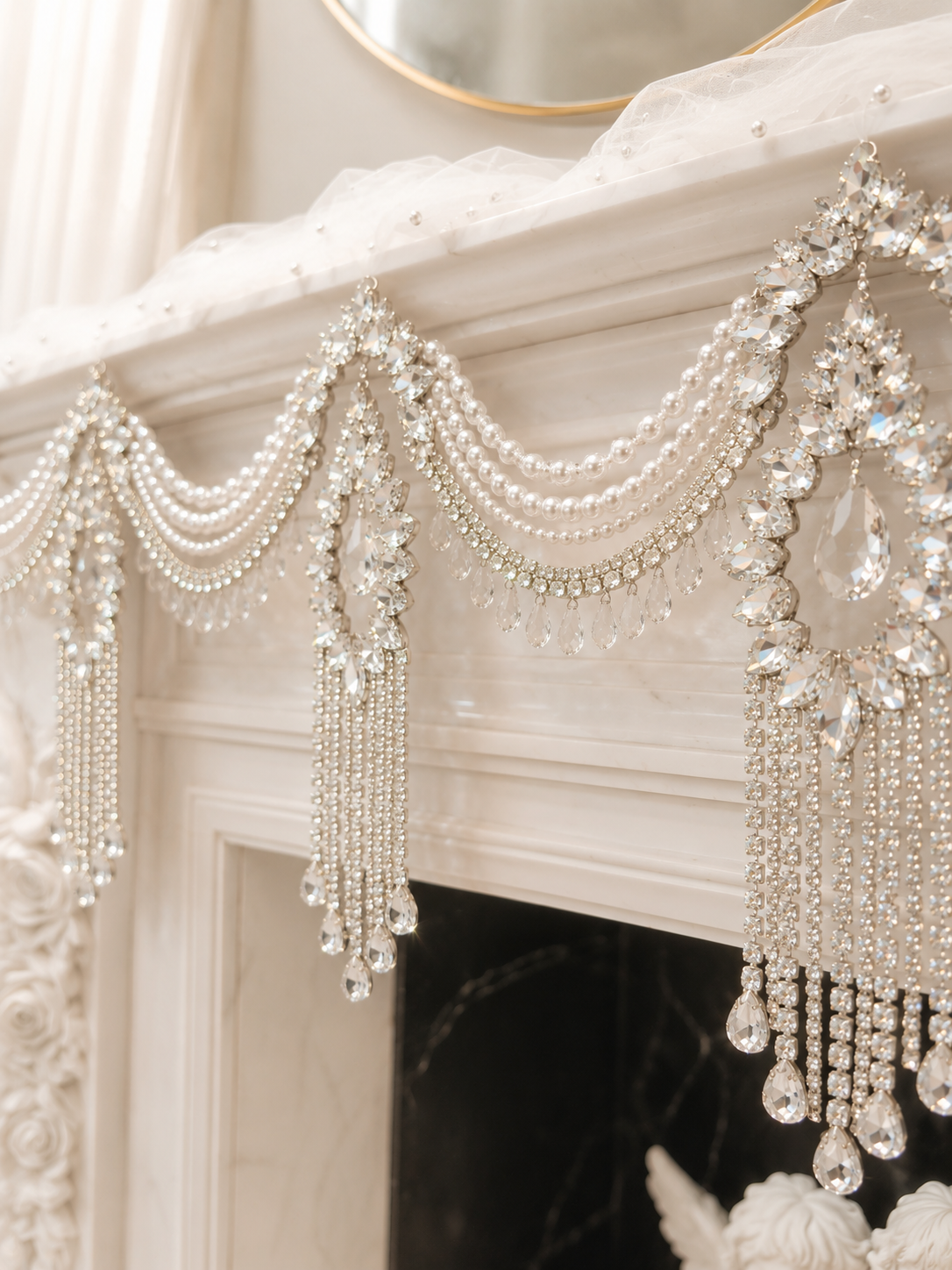 Crystal Garland Rhinestone Mantel Swag, Luxury Wedding Decor Crystal Chandelier Garland, Handmade Pearl Beaded Garland, Fireplace Decor