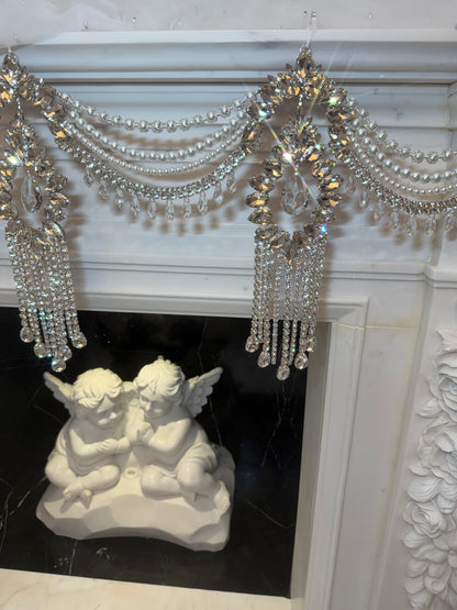 Crystal Garland Rhinestone Mantel Swag, Luxury Wedding Decor Crystal Chandelier Garland, Handmade Pearl Beaded Garland, Fireplace Decor