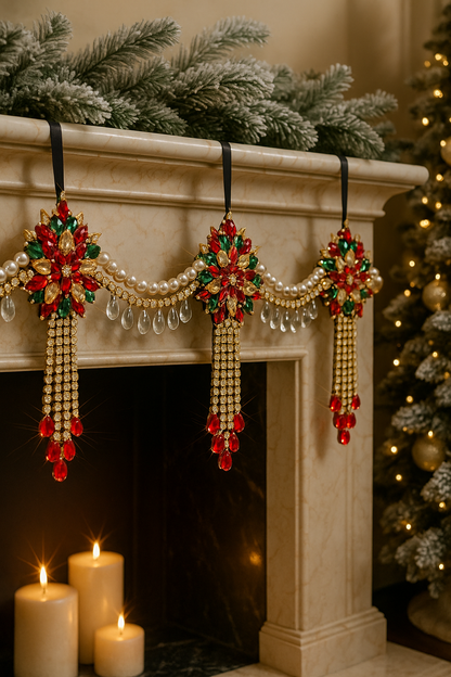 Luxury Red Green & Gold Jeweled Christmas Garland | Handmade Crystal Holiday Mantel Swag | Elegant Pearl Rhinestone Decor by LaysDecor