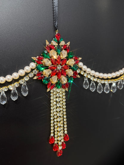 Luxury Red Green & Gold Jeweled Christmas Garland | Handmade Crystal Holiday Mantel Swag | Elegant Pearl Rhinestone Decor by LaysDecor