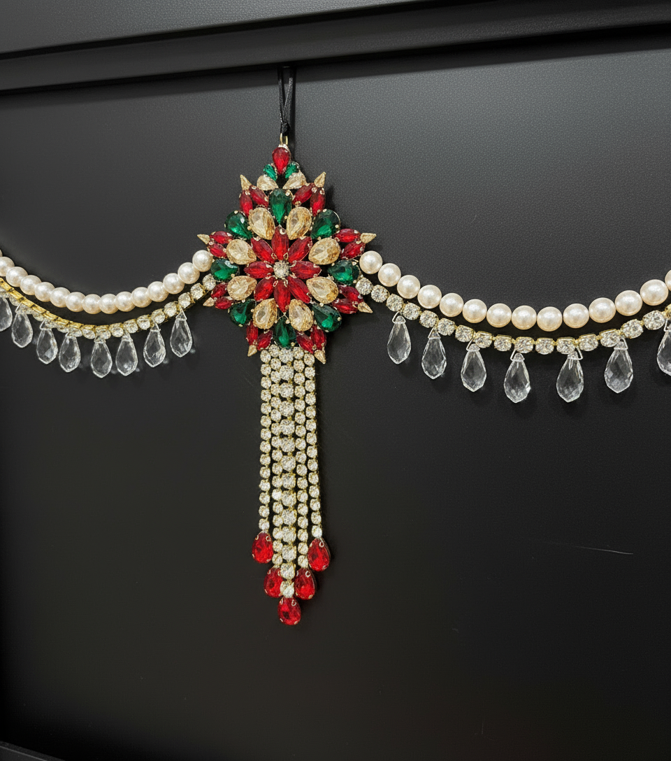 Luxury Red Green & Gold Jeweled Christmas Garland | Handmade Crystal Holiday Mantel Swag | Elegant Pearl Rhinestone Decor by LaysDecor