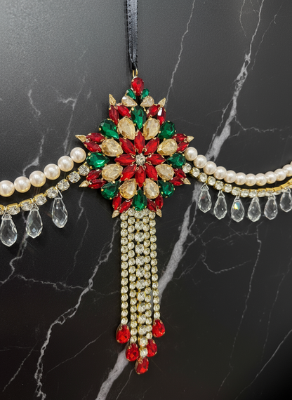 Luxury Red Green & Gold Jeweled Christmas Garland | Handmade Crystal Holiday Mantel Swag | Elegant Pearl Rhinestone Decor by LaysDecor