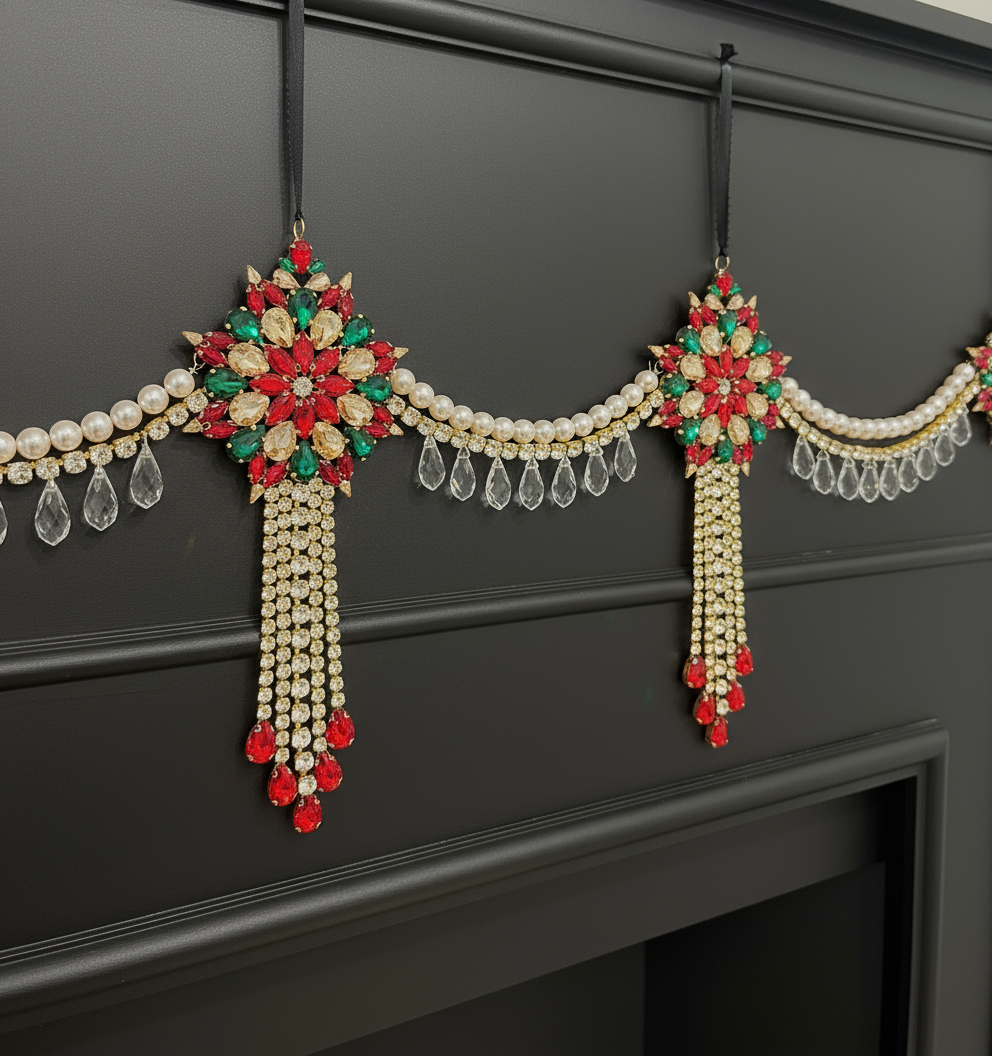 Luxury Red Green & Gold Jeweled Christmas Garland | Handmade Crystal Holiday Mantel Swag | Elegant Pearl Rhinestone Decor by LaysDecor