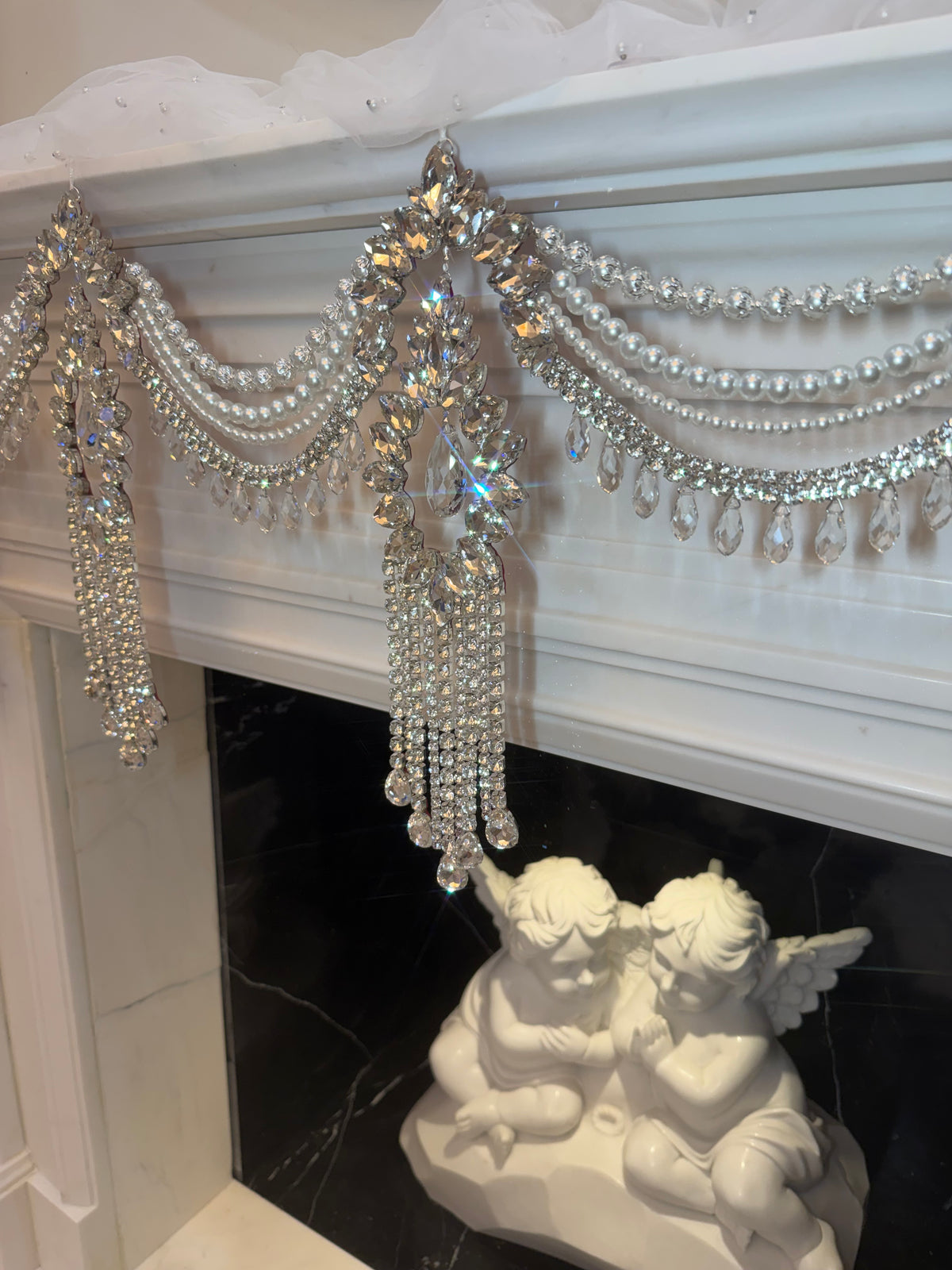 Crystal Garland Rhinestone Mantel Swag, Luxury Wedding Decor Crystal Chandelier Garland, Handmade Pearl Beaded Garland, Fireplace Decor