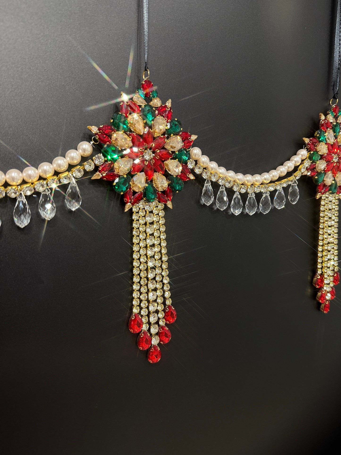 Luxury Red Green & Gold Jeweled Christmas Garland | Handmade Crystal Holiday Mantel Swag | Elegant Pearl Rhinestone Decor by LaysDecor