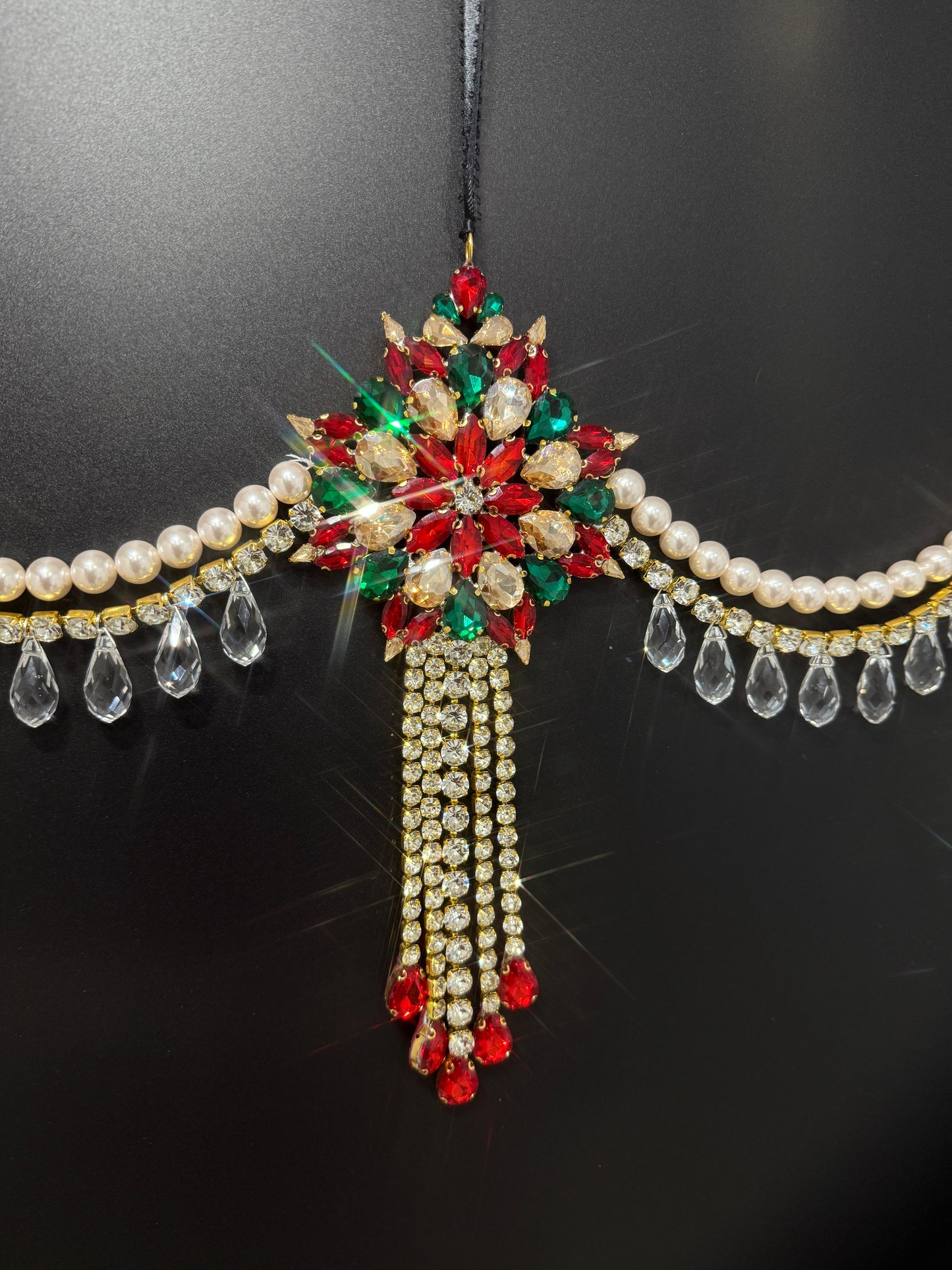 Luxury Red Green & Gold Jeweled Christmas Garland | Handmade Crystal Holiday Mantel Swag | Elegant Pearl Rhinestone Decor by LaysDecor