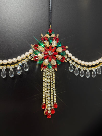 Luxury Red Green & Gold Jeweled Christmas Garland | Handmade Crystal Holiday Mantel Swag | Elegant Pearl Rhinestone Decor by LaysDecor