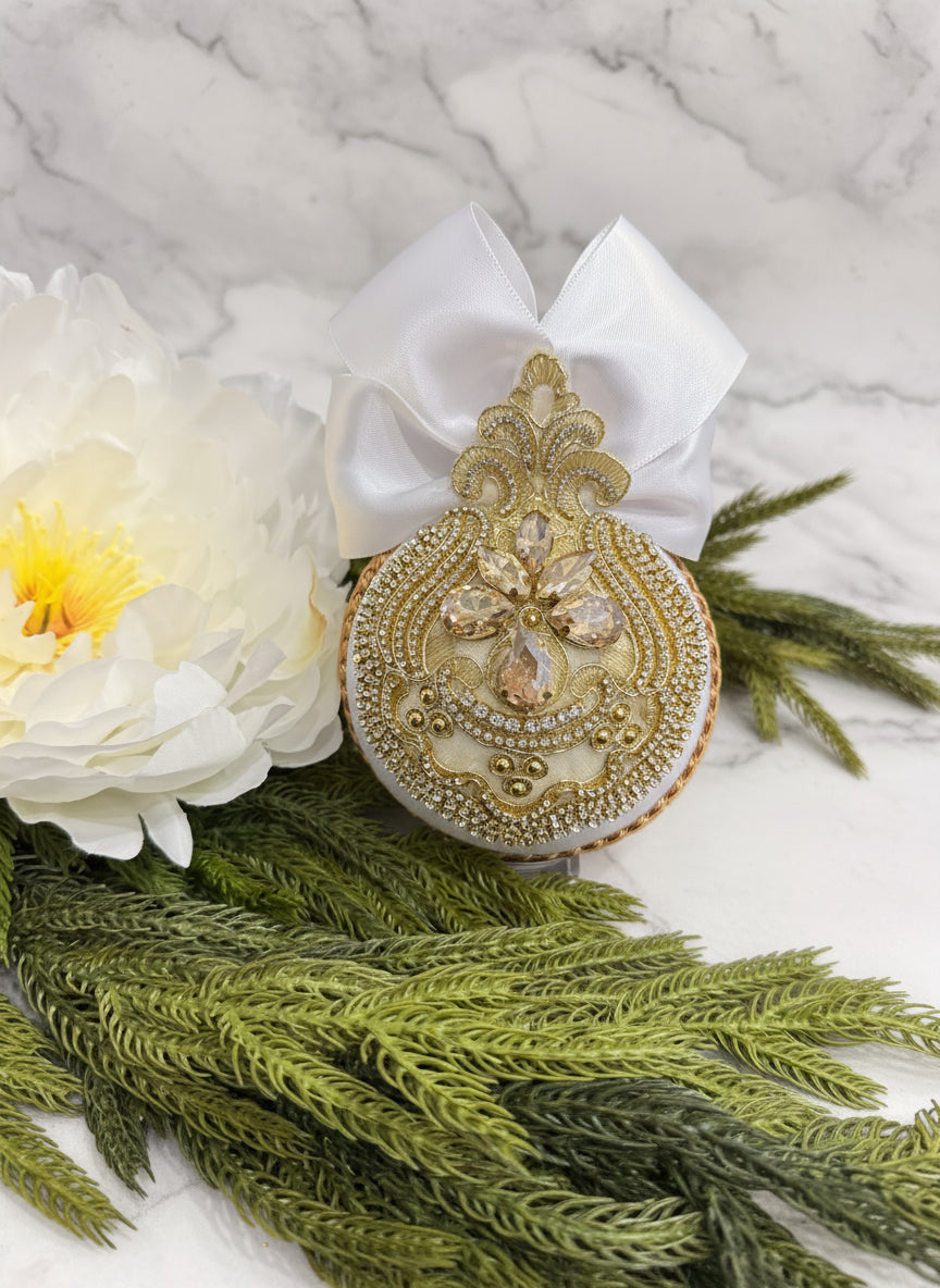 Handmade White Velvet Christmas Ornament | Gold & Champagne Holiday Decor | Luxury Elegant Bauble by LaysDecor
