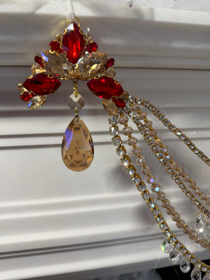 Jeweled Christmas Tree Swag, Crystal Mantel Garland, Fireplace Decor, Red Champagne Holiday Decor, Luxury Handmade Crystal Swag