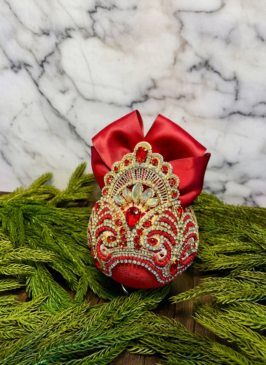 Handmade Red & Gold Velvet Christmas Ornament | Gold Lace Crown Bauble | Luxury Crystal Rhinestone Holiday Decor