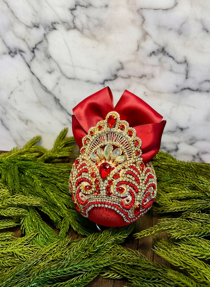 Handmade Red & Gold Velvet Christmas Ornament | Gold Lace Crown Bauble | Luxury Crystal Rhinestone Holiday Decor