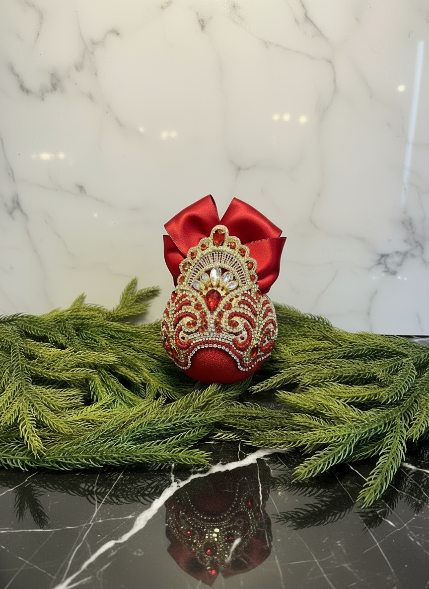 Handmade Red & Gold Velvet Christmas Ornament | Gold Lace Crown Bauble | Luxury Crystal Rhinestone Holiday Decor