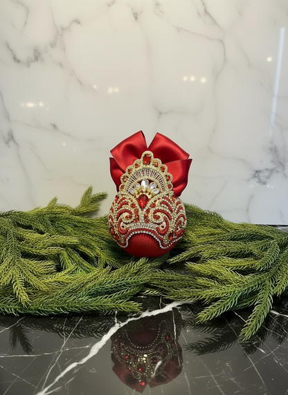 Handmade Red & Gold Velvet Christmas Ornament | Gold Lace Crown Bauble | Luxury Crystal Rhinestone Holiday Decor