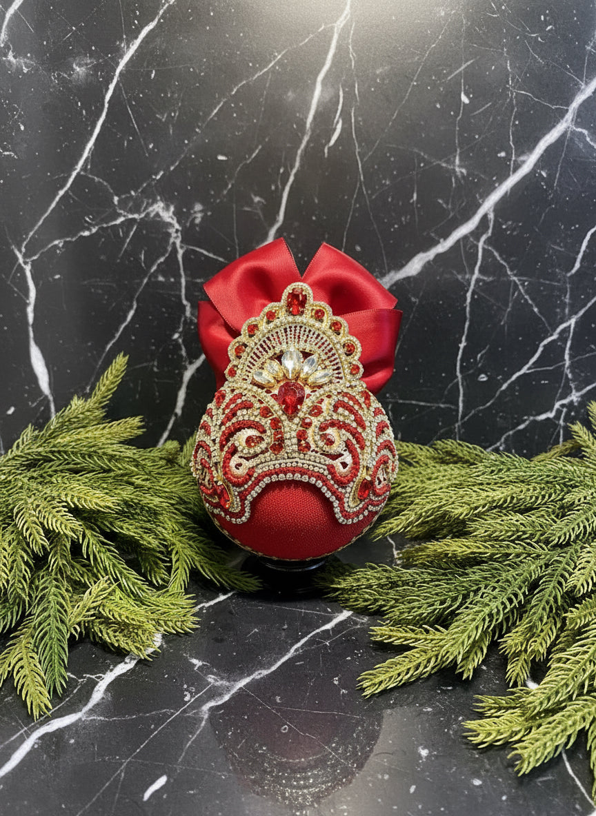 Handmade Red & Gold Velvet Christmas Ornament | Gold Lace Crown Bauble | Luxury Crystal Rhinestone Holiday Decor
