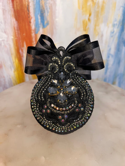 Gothic Black Cat Ornament: Handmade Velvet Rhinestone Bauble