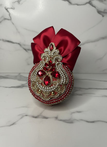 Handmade Red Velvet Christmas Ornament: Elegant Gold Rhinestone Bauble