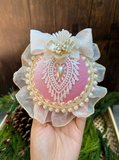 Dusty Pink Christmas Ornament Set: Handmade Pearl & Lace Holiday Baubles
