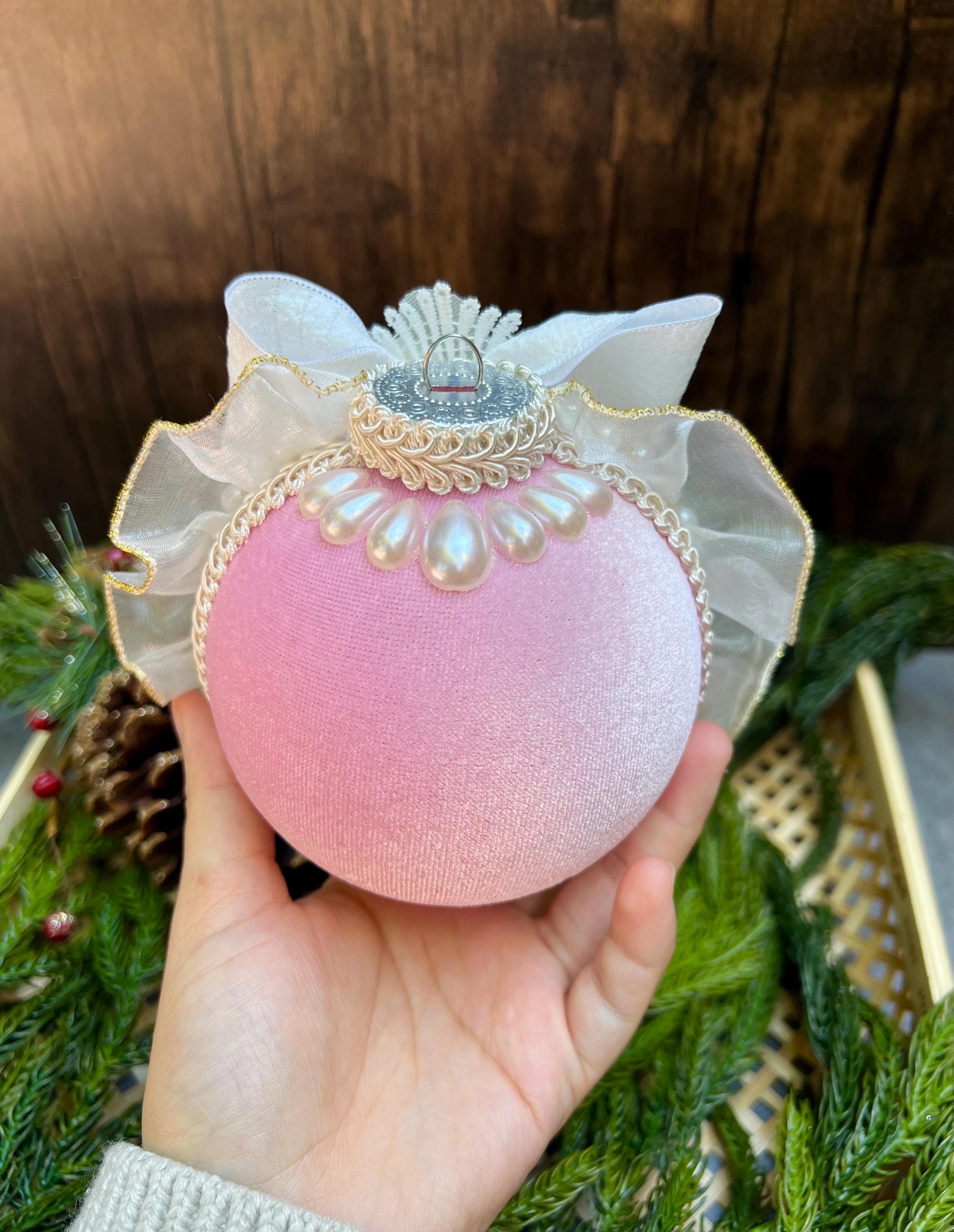 Dusty Pink Christmas Ornament Set: Handmade Pearl & Lace Holiday Baubles