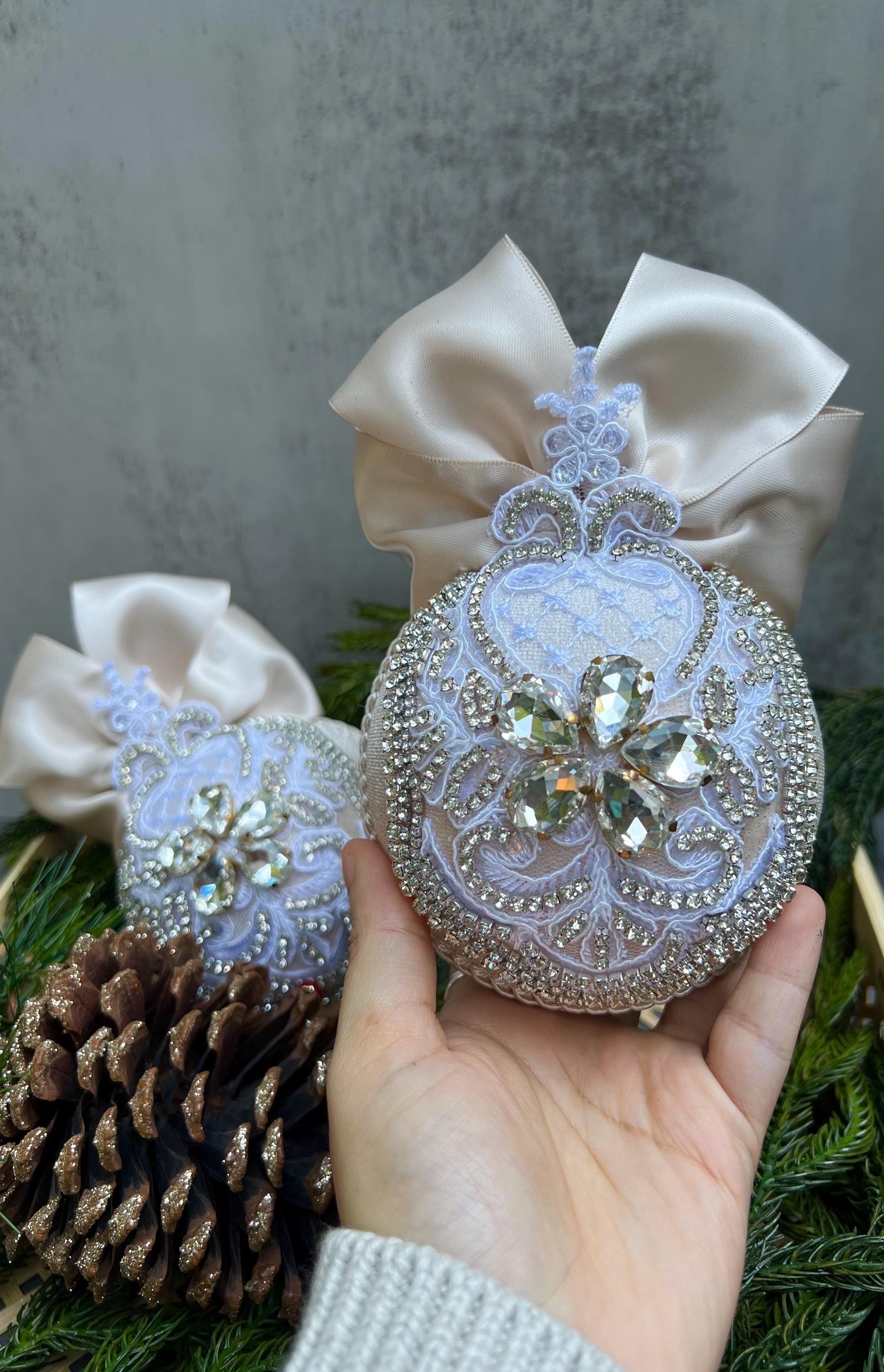 Handmade Beige Christmas Ornament: Rhinestone Holiday Decor