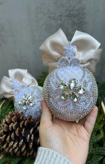Handmade Beige Christmas Ornament: Rhinestone Holiday Decor