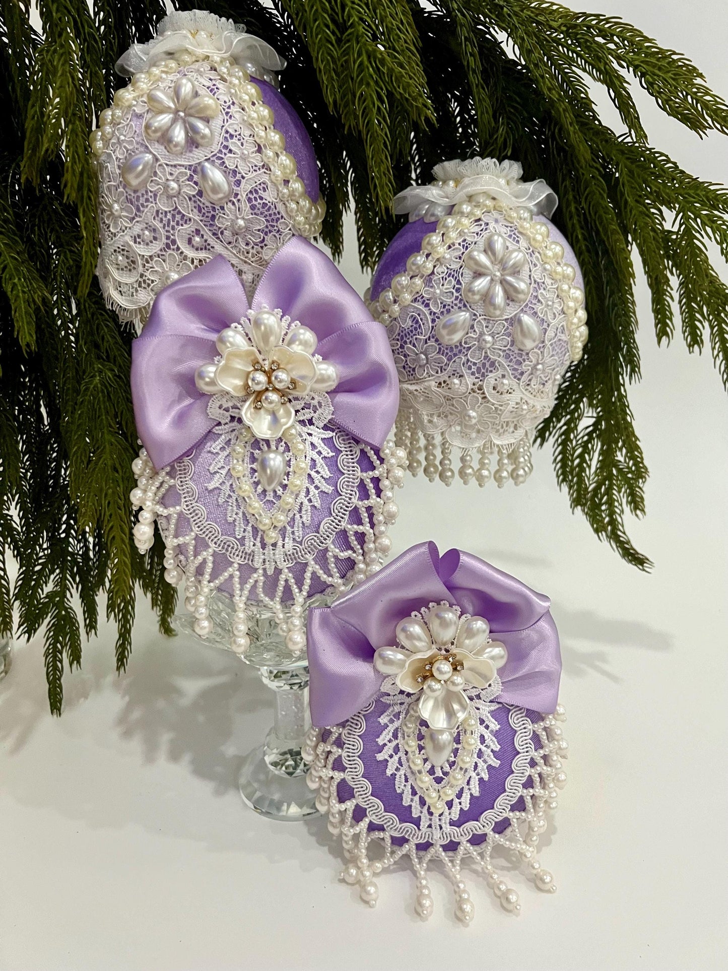 Lavender Christmas Ornaments: Victorian Lace & Pearl Holiday Decor (Set of 4)