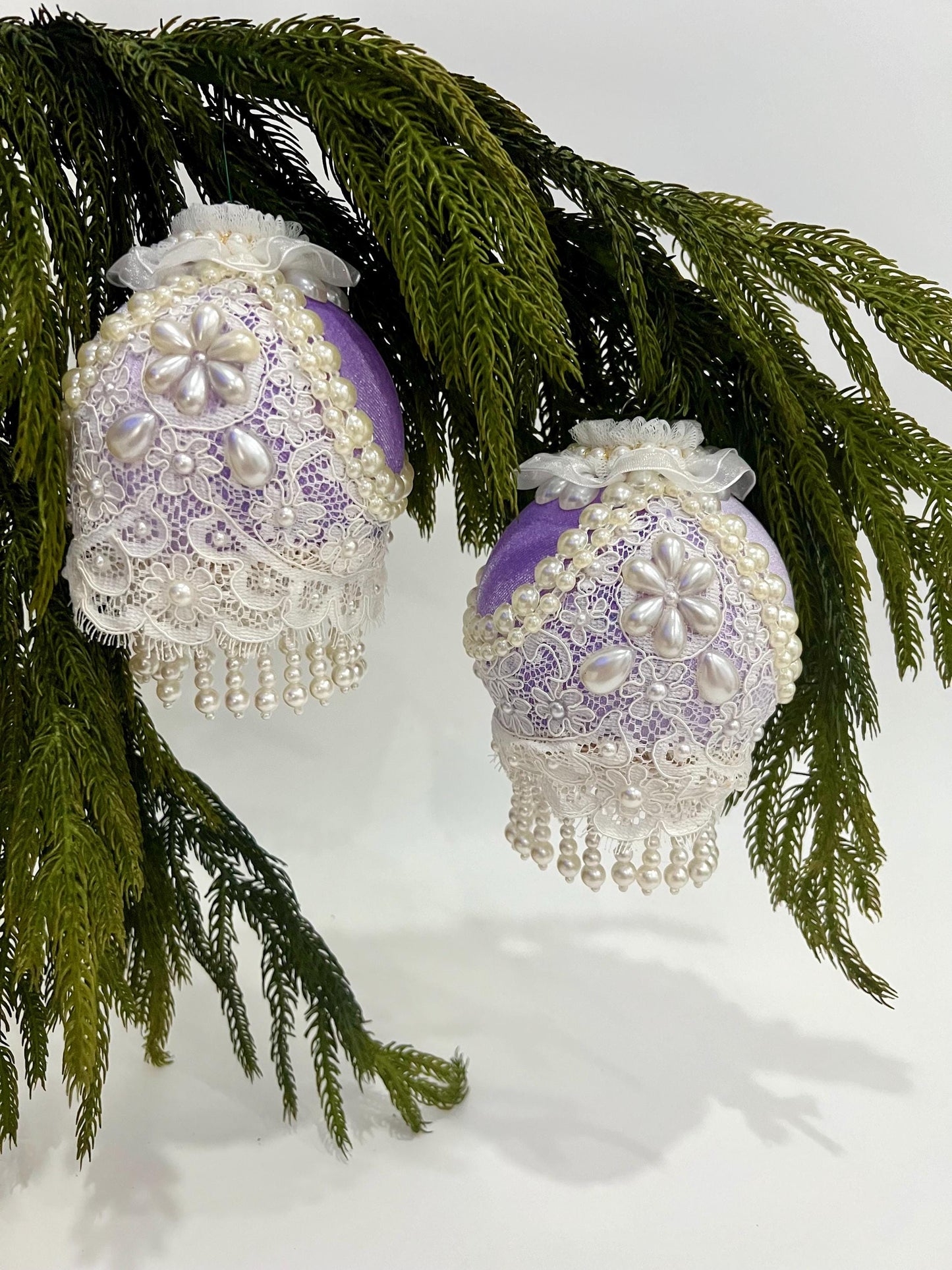 Lavender Christmas Ornaments: Victorian Lace & Pearl Holiday Decor (Set of 4)
