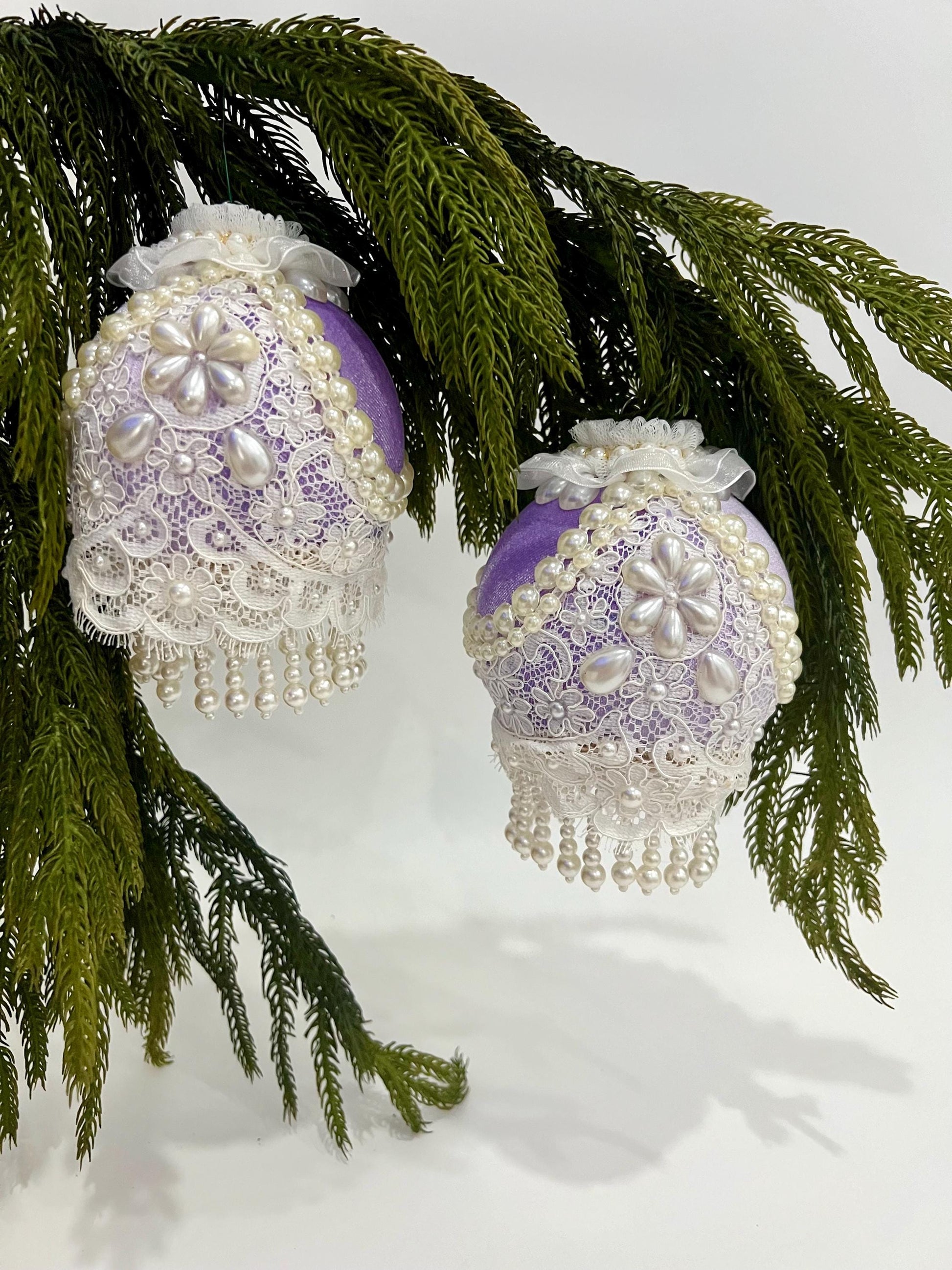 Lavender Christmas Ornaments: Victorian Lace & Pearl Holiday Decor (Set of 4)
