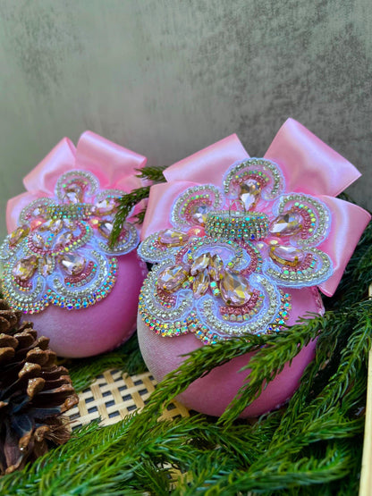 Handmade Pink Velvet Christmas Ornament: Rhinestone & Lace Bauble