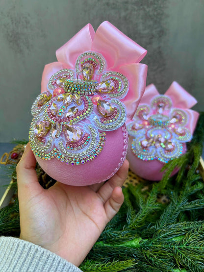 Handmade Pink Velvet Christmas Ornament: Rhinestone & Lace Bauble