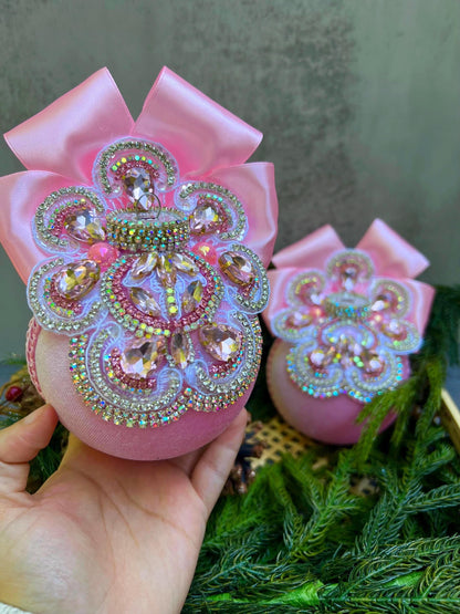 Handmade Pink Velvet Christmas Ornament: Rhinestone & Lace Bauble