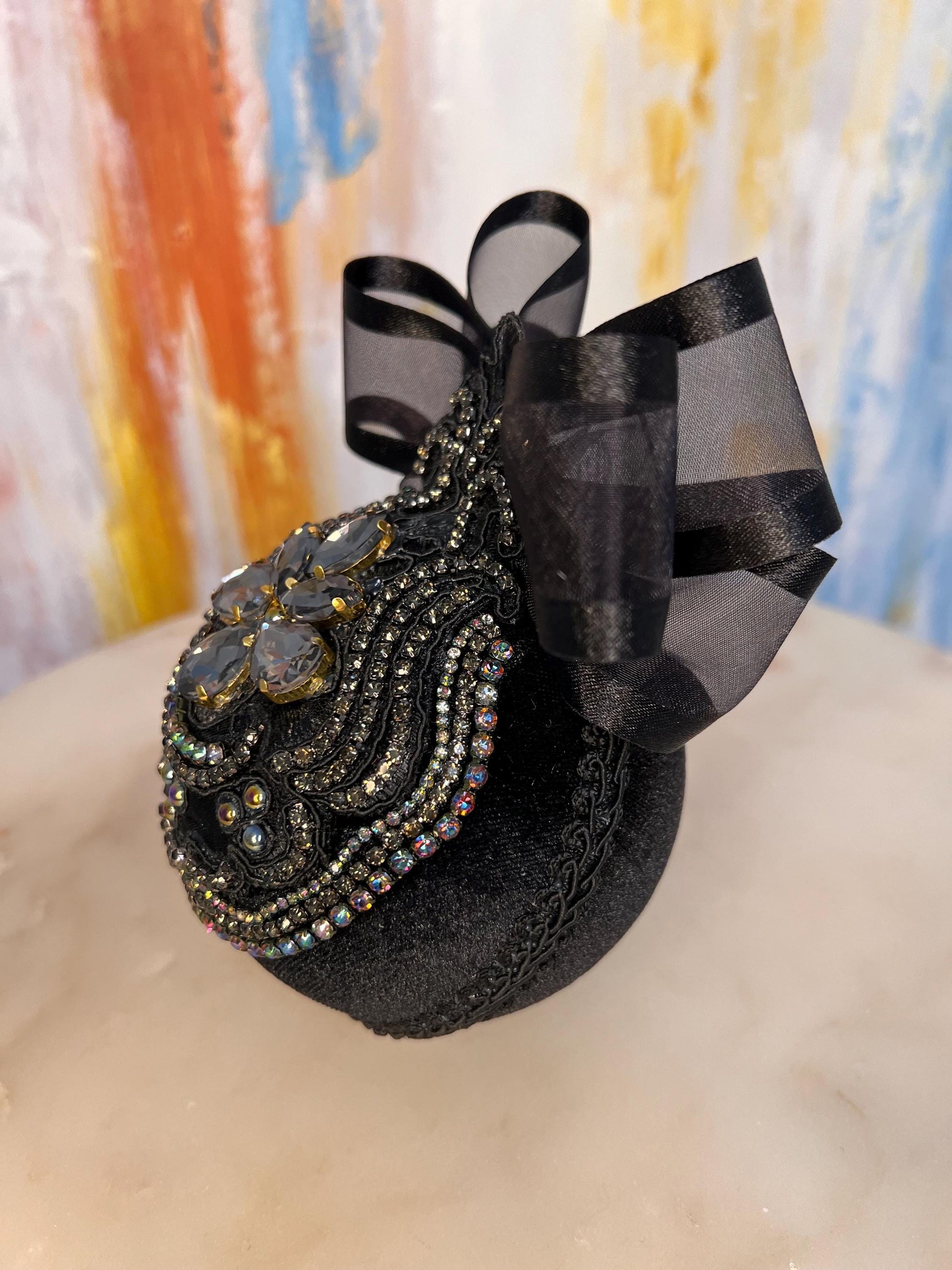 Gothic Black Cat Ornament: Handmade Velvet Rhinestone Bauble