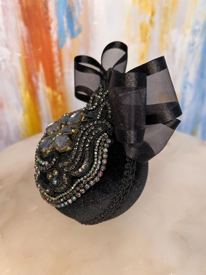 Gothic Black Cat Ornament: Handmade Velvet Rhinestone Bauble