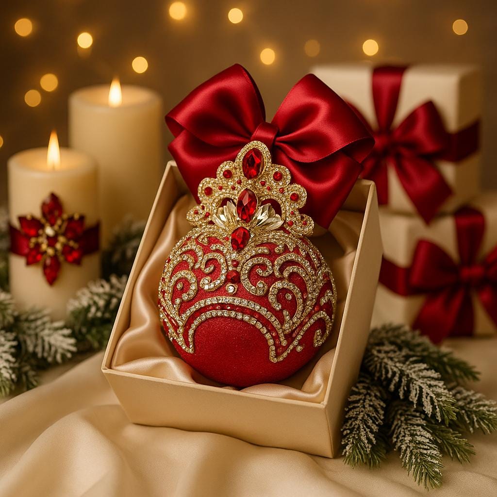 Handmade Red Velvet Christmas Ornament: Gold Lace Rhinestone Bauble