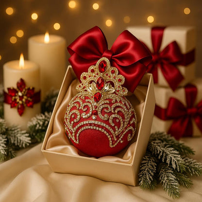 Handmade Red Velvet Christmas Ornament: Gold Lace Rhinestone Bauble