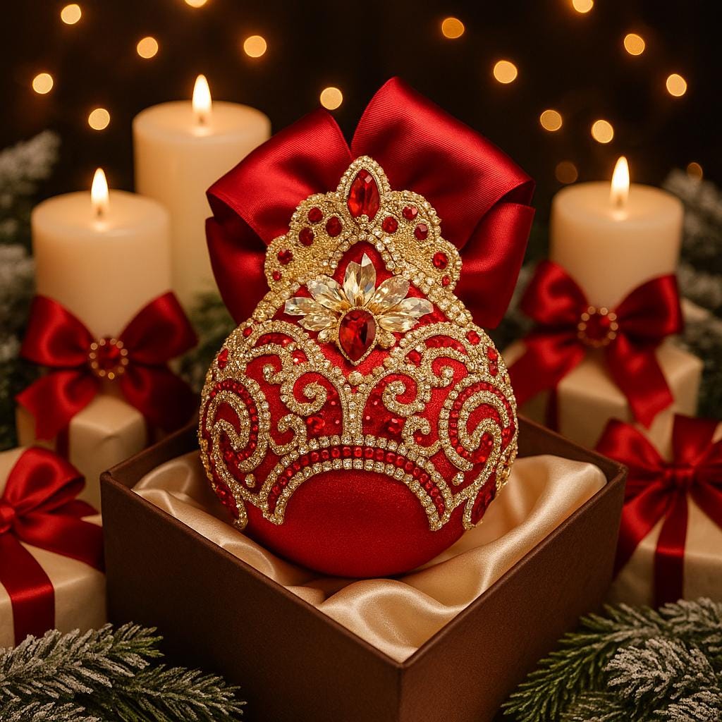 Handmade Red Velvet Christmas Ornament: Gold Lace Rhinestone Bauble