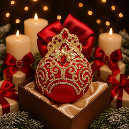 Handmade Red Velvet Christmas Ornament: Gold Lace Rhinestone Bauble