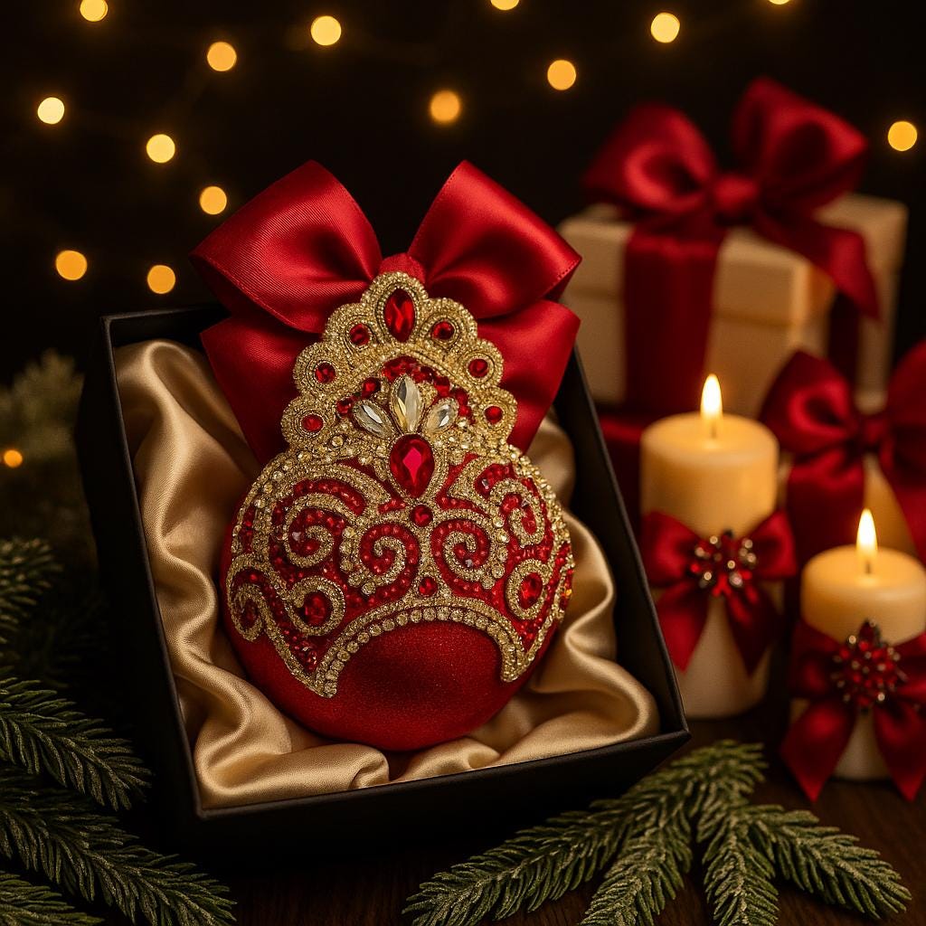 Handmade Red Velvet Christmas Ornament: Gold Lace Rhinestone Bauble
