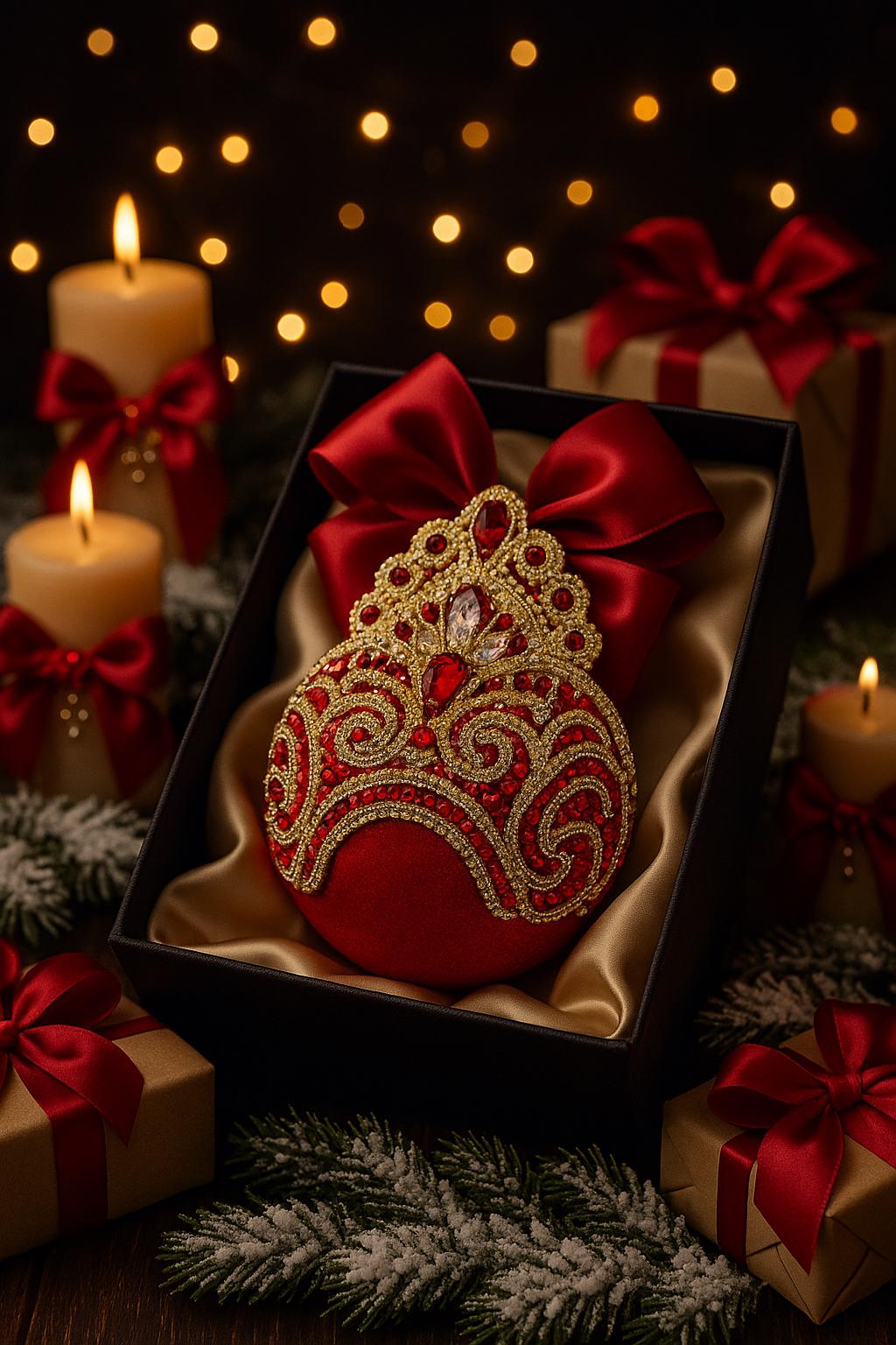 Handmade Red Velvet Christmas Ornament: Gold Lace Rhinestone Bauble