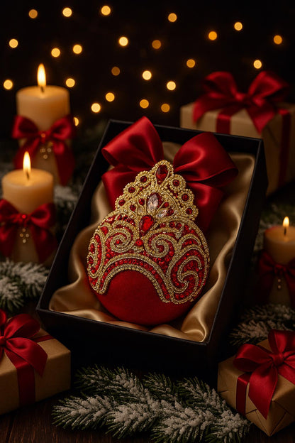 Handmade Red Velvet Christmas Ornament: Gold Lace Rhinestone Bauble