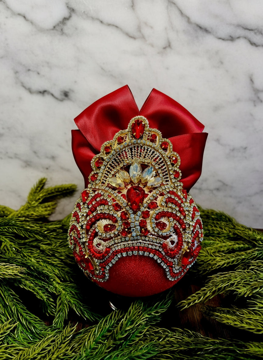 Handmade Red Velvet Christmas Ornament: Gold Lace Rhinestone Bauble
