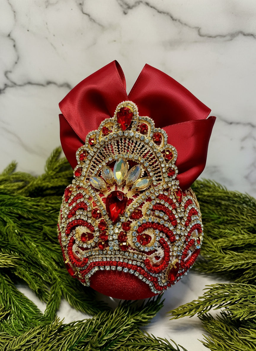Handmade Red Velvet Christmas Ornament: Gold Lace Rhinestone Bauble