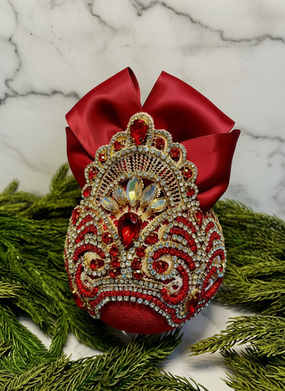 Handmade Red Velvet Christmas Ornament: Gold Lace Rhinestone Bauble