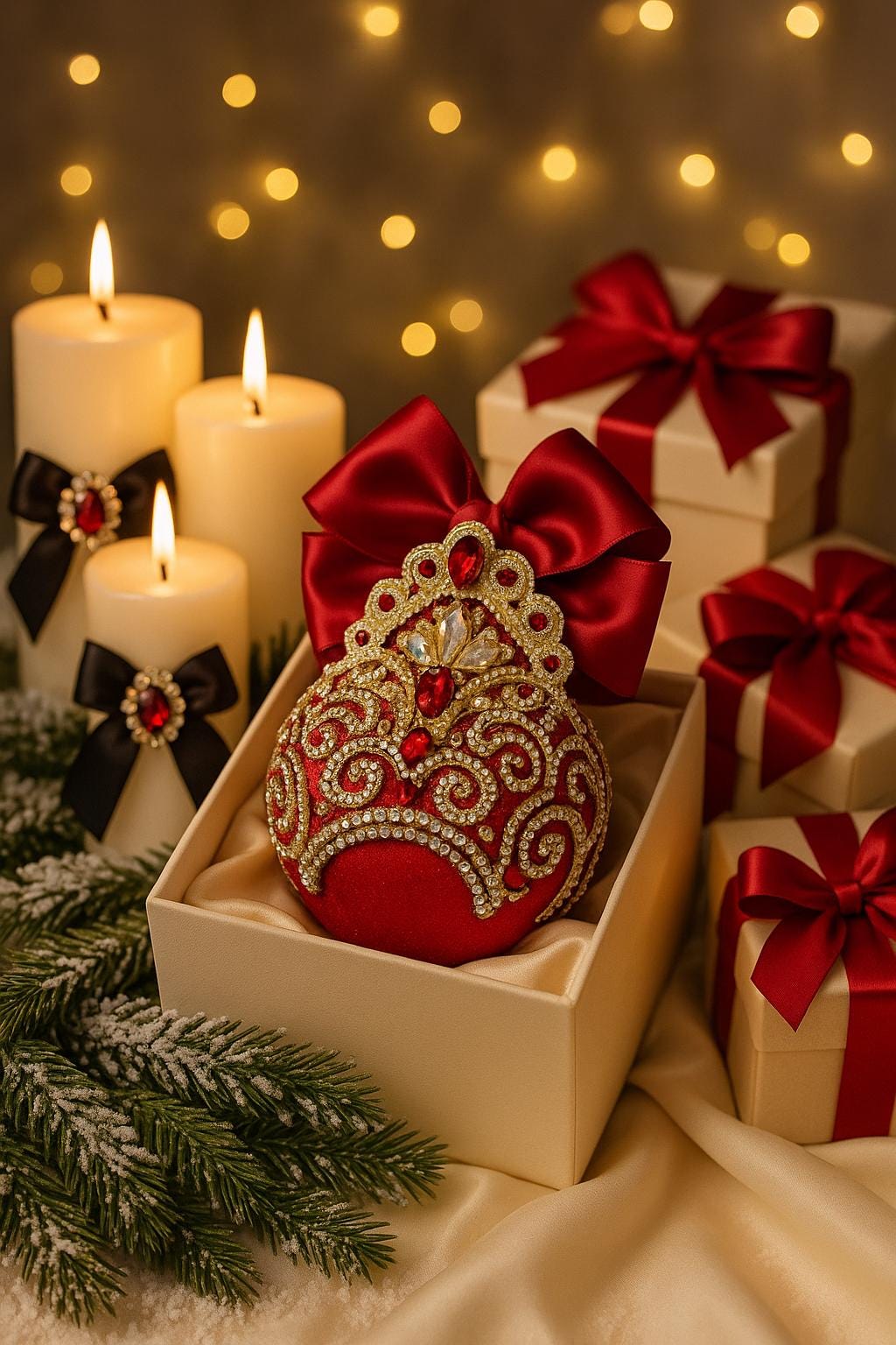 Handmade Red Velvet Christmas Ornament: Gold Lace Rhinestone Bauble
