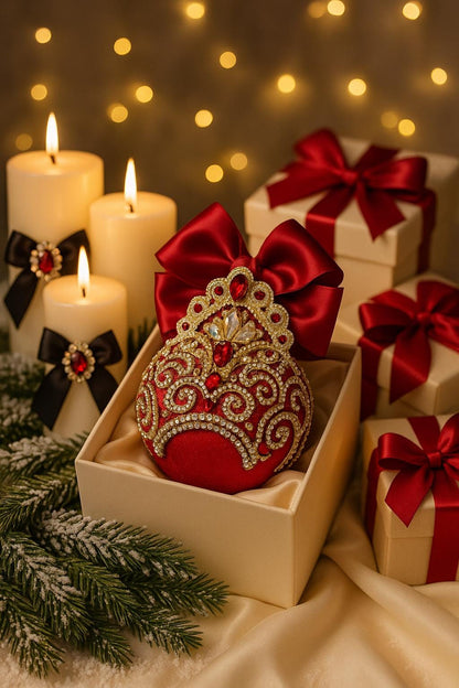 Handmade Red Velvet Christmas Ornament: Gold Lace Rhinestone Bauble