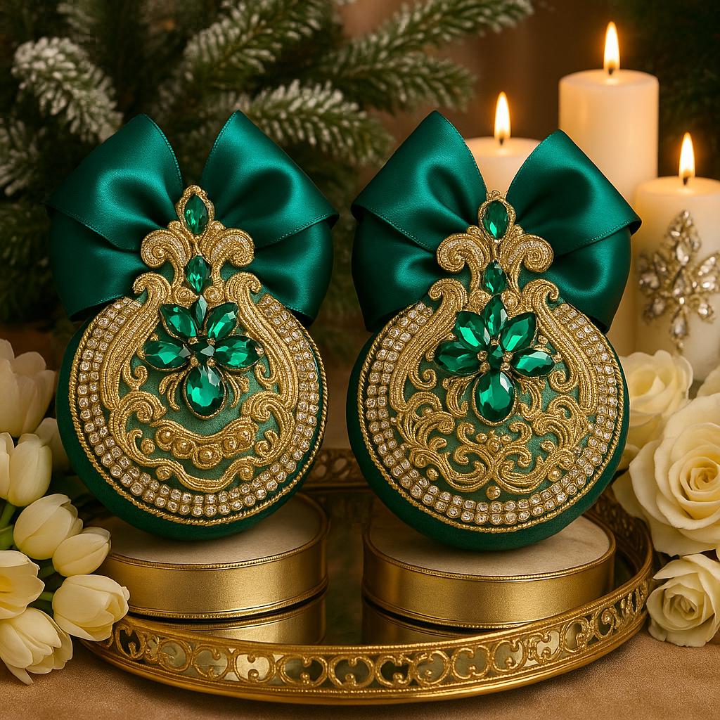 Handmade Green Velvet Christmas Ornament: Gold Embroidery Rhinestones