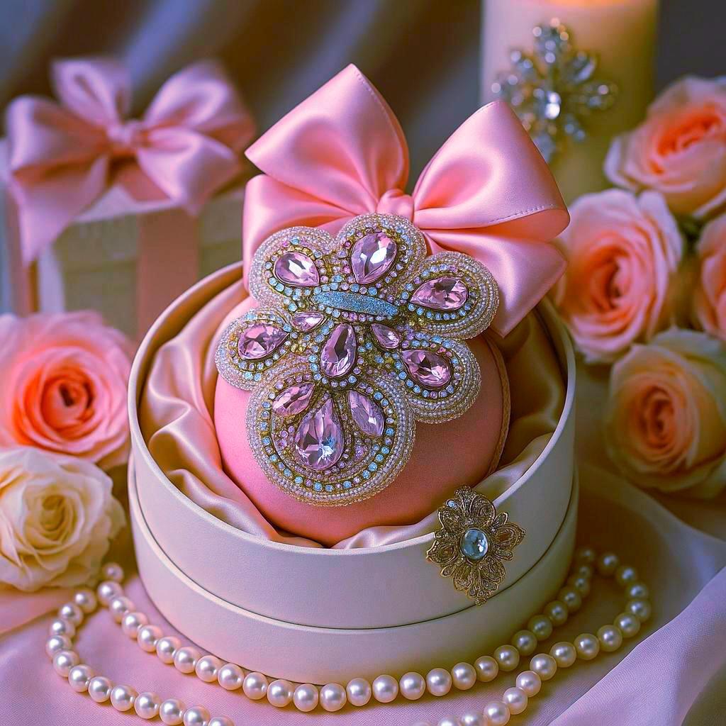 Handmade Pink Velvet Christmas Ornament: Rhinestone & Lace Bauble
