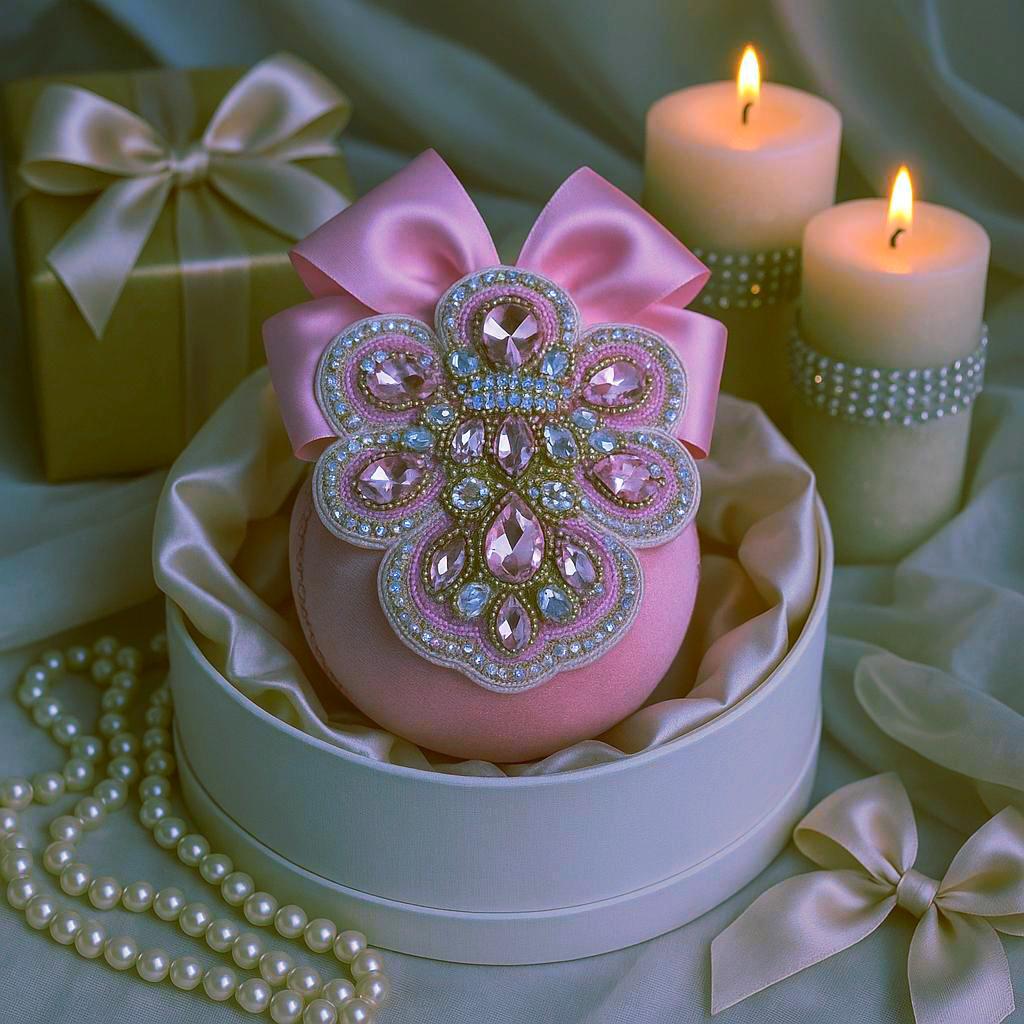 Handmade Pink Velvet Christmas Ornament: Rhinestone & Lace Bauble