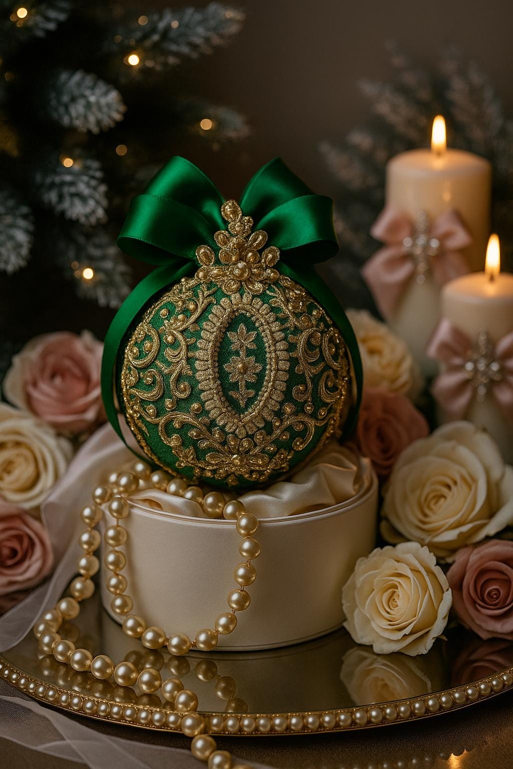 Handmade Green Velvet Christmas Ornament: Victorian Gold Lace Bauble