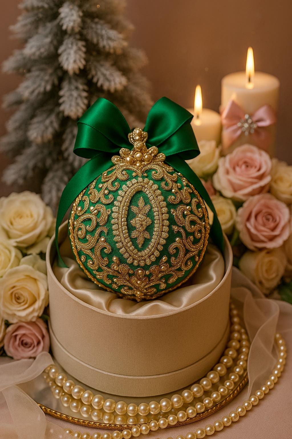Handmade Green Velvet Christmas Ornament: Victorian Gold Lace Bauble