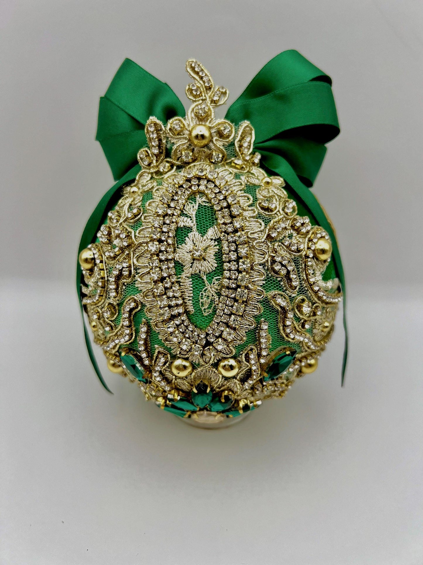 Handmade Green Velvet Christmas Ornament: Victorian Gold Lace Bauble